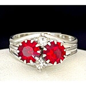 Vintage 1960s Ring Mid Century Modern Red Crystal Rhinestones - 4K